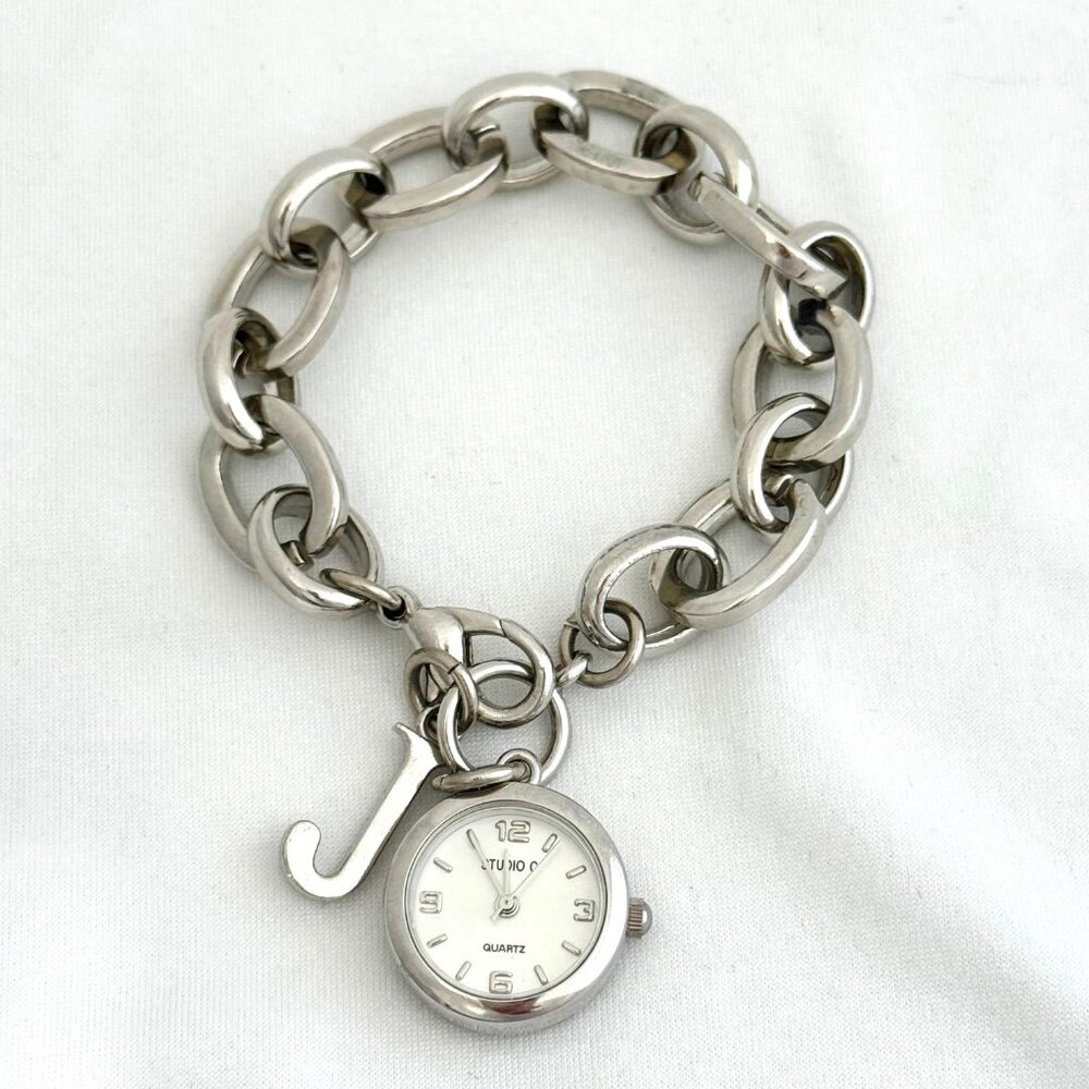 Studio C Silver-Tone Chain Link Bracelet Watch w/"J" Charm - New Battery